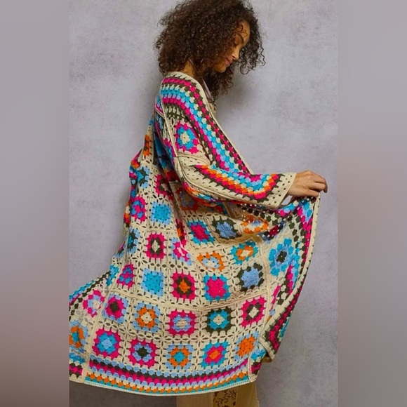 POL Colorful Crochet Cardigan 70s Hippie Boho - Picture 4 of 8